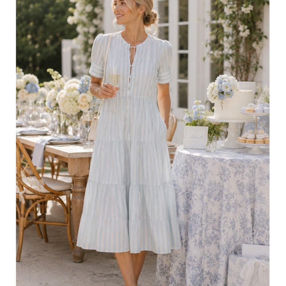La Ligne Izzy Silk Blend Tiered Stripe Midi Dress Blue Ivory NWT size XL